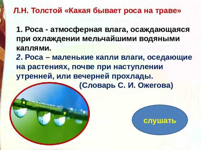 Презентация на тему: "какая бывает роса на траве. (описание) л.н.толстой помазан и.п., методист моу «имц «развитие»". скачать бесплатно и без регистрации.